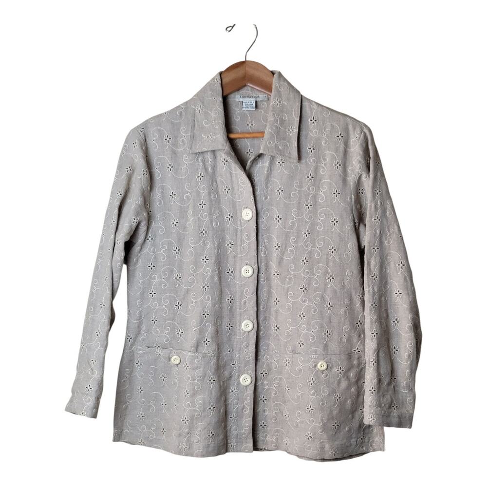 Ann Taylor Linen 100% Eyelet Embroidered Women's Blazer Jacket Long Sleeve